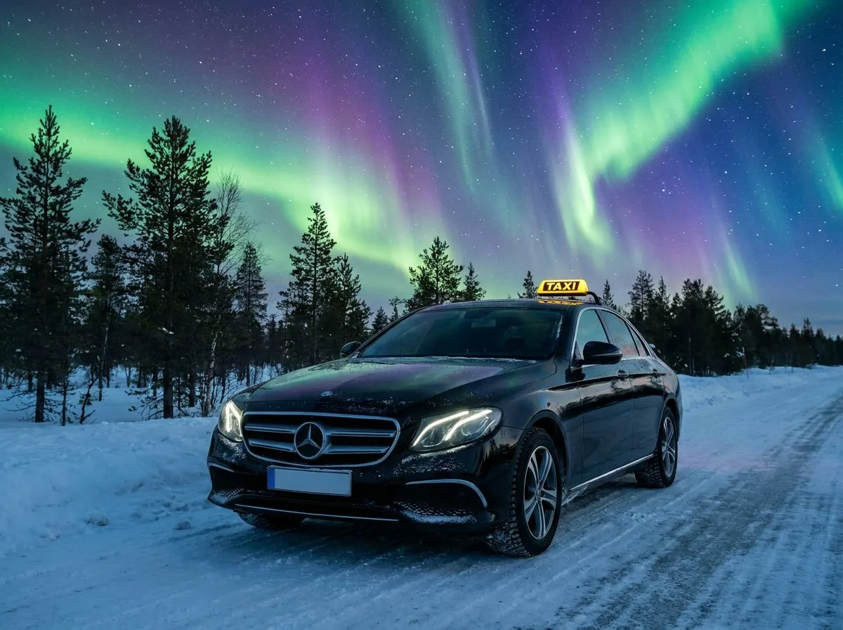 Our taxi on a snowy road under the northern lights